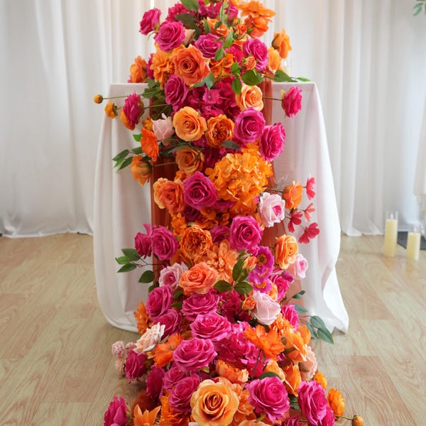 Hot Pink & Orange Floral Table Runner: Wedding Arch Arrangement