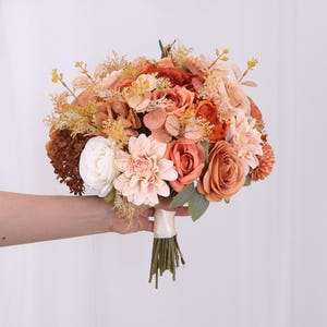 Brown Burnt Orange Champagne Bridal Bouquet Rust Orange Beige Bridesmaid Bouquet Fall Rustic Silk Flower Wedding Bouquet Brown Flowers