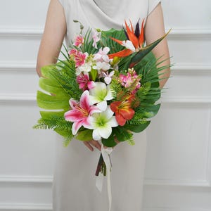 Tropical Wedding Bouquets Fuchsia Orange Pink Colors, Summer Wedding Bridal Bridesmaid Bouquets, Tropical Hawaii Wedding Silk Flower Bouquet