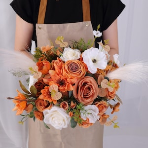Burnt Orange Ivory White Pampas Bouquet, Rust Orange Wedding Bridal Bridesmaid Bouquet, Fall Rustic Silk Flower Wedding Bouquets Faux Flower