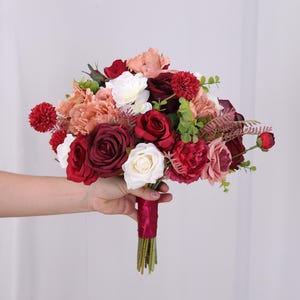 Burgundy Dusty Rose Ivory Artificial Flowers Bridal Bouquet Rustic Wedding Flowers Fake Flowers Eucalyptus Bouquets Burgundy Rose Flowers