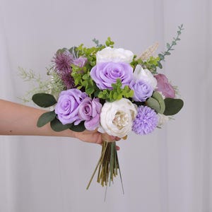 Lavender Artificial Flowers Light Purple Bridal Bouquet Rustic Wedding Flowers Fake Flowers Eucalyptus Bouquets Ivory White Rose Flowers
