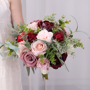 Dusty Rose Burgundy Blush Bridal Bouquet Rustic Wedding Flowers Willow Greenery Wedding Bouquets Ivory White Silk Flowers Bridal Bouquets