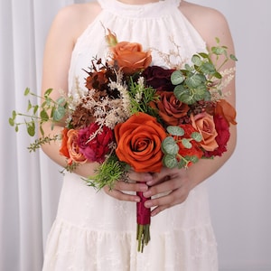 Rust Burgundy White Rose Artificial Wedding Bouquet Burnt Orange Terracotta Wedding Flower Fall Rustic Silk Flower Bridal Bridesmaid Bouquet