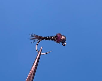 May include: A black and purple fly fishing lure with a bead head.