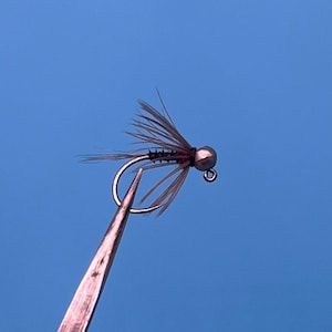 Peut inclure: Un petit leurre de pêche à la mouche brun et noir avec une tête de perle argentée. Le leurre est attaché à un hameçon et est tenu par une pince.