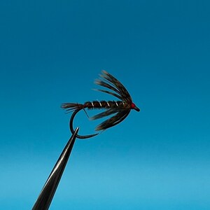 Peut inclure: Un leurre de pêche à la mouche brun et noir avec une tête rouge et des accents blancs. Le leurre est attaché à un hameçon et est tenu par une pince.