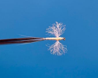 May include: A white fly fishing lure with a long, thin body and a pair of feathery wings. The lure is attached to a thin, black fishing line.