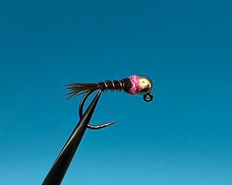 May include: A black and pink fly fishing lure with a gold bead head.