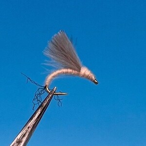 May include: A close-up of a fly fishing lure held by a pair of tweezers. The lure features a light tan body, gray wing, and a gold-colored bead head. The background is a solid, bright blue.
