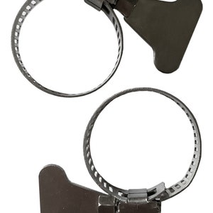 Metal support clips that hold the wooden footrest in place on the high chair legs.