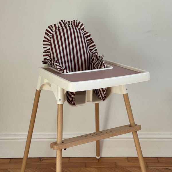 Mauve-braun gestreiftes Rüschenkissen für den IKEA Antilop Hochstuhl
