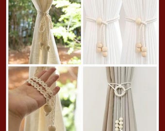 Wooden beaded Curtain tie backs,Boho decor, Curtain tiebacks Rope,Curtain holdbacks for Bedroom, Living room,Home Decor,Tie backs Cord