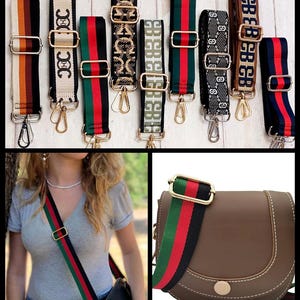 May include: Assortment of colourful and patterned adjustable straps for bags. The straps feature various designs, including geometric patterns, logos, and stripes. The straps are made of durable fabric and have gold-tone hardware.