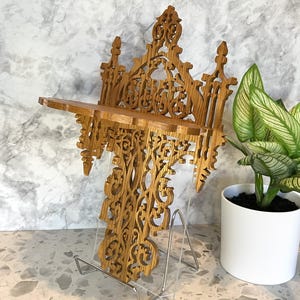 Handmade Cherry Wood Gothic Cathedral Wall Shelf – Victorian Fretwork Hanging Display – 12.5”