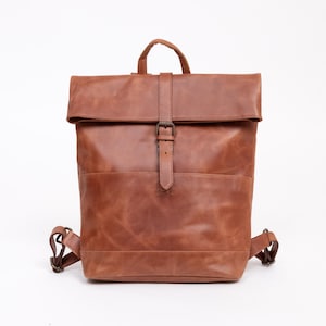 Rolltop-Rucksack aus Echtlede , nachhaltiger großer Tagesrucksack Vintag, modern, stilvoll, 14" Laptopfach, handgefertigt für Damen & Herren
