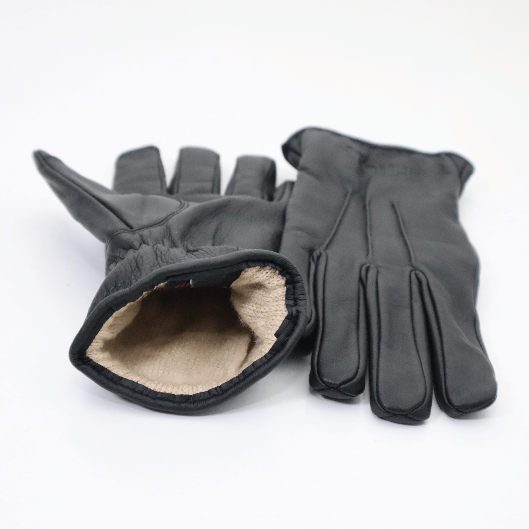 Unisex black leather driving gloves, full grain cowhide leather, wool lining, touchscreen compatible, sustainable winter driving gloves for men and women.