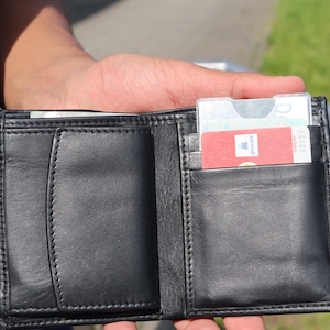 Cartera de piel auténtica de grano completo con bolsillo para monedas y ranuras para tarjetas, cartera delgada negra de piel auténtica, idea de regalo para hombre.