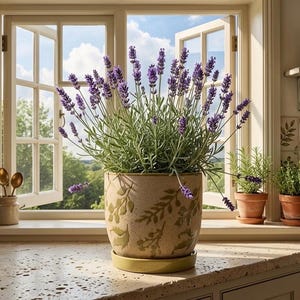 May include: A large pot of lavender with purple flowers and green foliage sits on a countertop in front of a window. The pot is beige with a green leaf design. Two smaller potted plants are also visible.