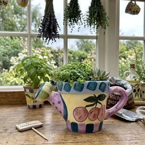 Oxford Elite keramische gieterplanter, vintage grillige handgeschilderde kersen nieuwigheid cachepot, Cottagecore vensterbank succulente pot