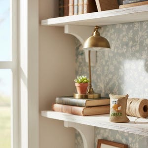 May include: A shelf displays a small brass lamp, books, a potted succulent, and a miniature burlap sack labeled "Bread." A roll of twine and a small spool of twine are also present. The shelf is painted white.