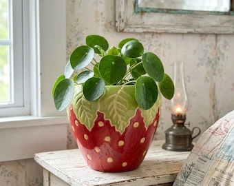 May include: A ceramic strawberry-shaped planter, red with yellow dots and green leaves, holds a green plant with round leaves. The planter sits on a white, distressed wooden table. A vintage-style oil lamp and a mirror are in the background.