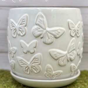 White Butterflies White Ceramic Planter Pot with Saucer Attached/Planters and pots/ Birthday Gift/ Gift for her/ Gift for Mom/Plant Lovers