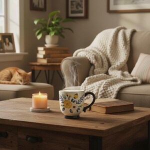 May include: A cozy living room scene featuring a wooden coffee table with a lit candle and a floral-decorated mug emitting steam. A sleeping orange cat rests on a nearby ottoman, with a beige sofa and blanket in the background.