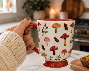 Mushroom Coffee Mug 16oz, Autumn Forest Ceramic Coffee Cup, Woodland Botanical Toadstool Mug, Cottagecore Fall Decor Gift for Nature Lovers