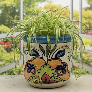 Vibrant Talavera Planter, Hand-Painted Mexican Ceramic Pot, 7.25" Medium Indoor Outdoor Flowerpot with Drainage Hole