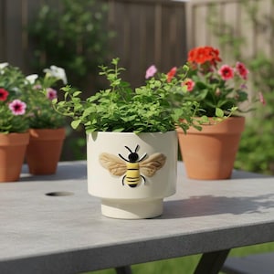 Bumble Bee Ceramic Barrel Planter – 5-Inch Decorative Cream Flower Pot for Indoor Houseplants, Nature-Inspired Garden Decor