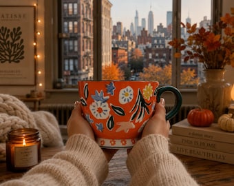 Autumn Coffee Mug Hand Painted Floral Ceramic Fall Tea Cup Large Orange Pumpkin Season Gift