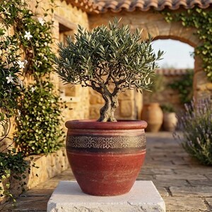 Large Rustic Red Floral Planter, 13" Hand-Etched Ceramic Flower Pot, Boho Garden Decor, Made in Thailand, Weathered Terra Cotta Style Urn