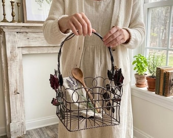 Vintage 1996 CBK Ltd Metal Wire Flower Basket with Red Roses & Green Leaves, Romantic Cottagecore Decor, Farmhouse Kitchen Storage, Rustic