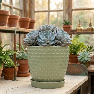 6 Inch Green Honeycomb Ceramic Planter with Attached Saucer - Modern Textured Succulent Pot with Drainage - Indoor Outdoor Garden Decor