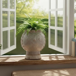 Boho Face Planter – 7" Ceramic Head Pot for Succulents and Houseplants – Unique Beige Home Decor – Quirky Barrel Vase – Indoor Outdoor