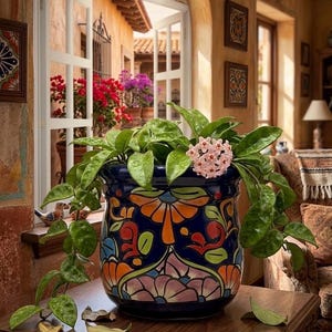 Puede incluir: Una maceta de cerámica azul marino pintada a mano, adornada con coloridos diseños florales en naranja, rosa y verde. Contiene una planta verde con flores rosas, situada junto a una ventana que da a un patio florecido.