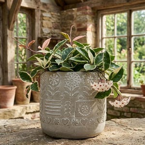 Floral Concrete Planter 7 Inch - Grey Cement Plant Pot for Indoor Outdoor - Boho Barrel Succulent Pot - Large Grey Planter No Drainage Hole
