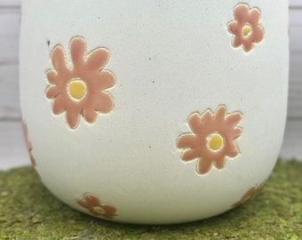 Pink Daisies Flower(LG) Ceramic Planter Pot with Drainage Hole/ Planter and pots/Birthday Gift/ Gift for Mom/Gift for her/ Plant Lovers