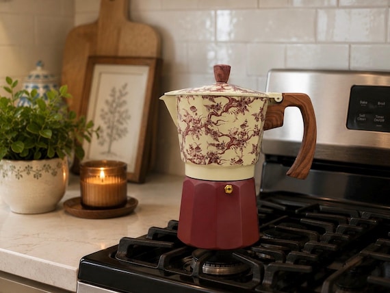 Floral Toile Moka Pot Espresso Maker, 9 Cup Stovetop Percolator, Burgundy Vintage Style Coffee Pot, Cottagecore Kitchenware Gift, NWT