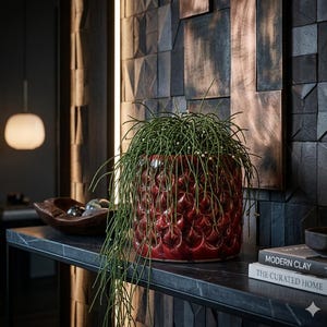 Maceta de cerámica roja con forma de barril - Maceta para suculentas con textura única - Maceta de interior de estilo moderno de mediados de siglo de 14 cm - Maceta decorativa roja y negra