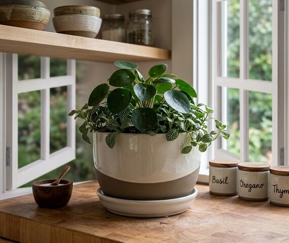 Antiker weißer Keramik-Blumentopf mit befestigtem Untersetzer - 15,5 cm runder zweifarbiger Blumentopf mit Drainage - minimalistischer Boho Indoor Outdoor-Übertopf