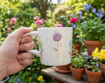 Hand-Painted Style Floral Ceramic Mug - 16oz Large Coffee Cup with Gold Accents - Dishwasher & Microwave Safe - Pastel Flower Garden Tea Mug