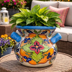 Grande fioriera in ceramica Talavera con manici, vaso da fiori messicano in ceramica da 25 cm, fioriera floreale blu e arancione fatta a mano, arte popolare messicana, decorazione da giardino