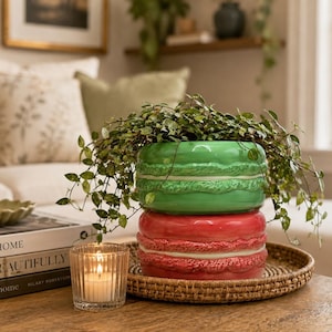 Puede incluir: Una maceta de cerámica con forma de dos macarons apilados, con una parte superior verde brillante y una inferior roja, que presenta una capa de relleno texturizada de color crema. Una planta verde colgante crece desde la parte superior.
