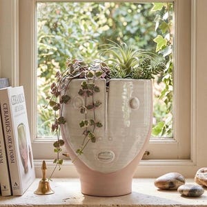 Modern Face Planter with String of Hearts Hair | Large Ceramic Head Pot for Indoor Plants | Boho Home Decor Gift | White and Beige Planter