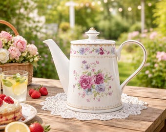 Vintage shabby chique bloementheepot - roze en paarse roos chintz theepot met gouden rand - Grandmillennial keukendecor - cadeau voor theeliefhebber