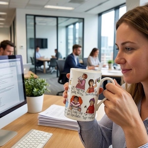 Puede incluir: Taza de cerámica blanca con ilustraciones de dibujos animados de mujeres y texto. La taza la sostiene una persona en un entorno de oficina. La taza tiene un asa curva y está llena de un líquido oscuro. Otras personas trabajan en el fondo.