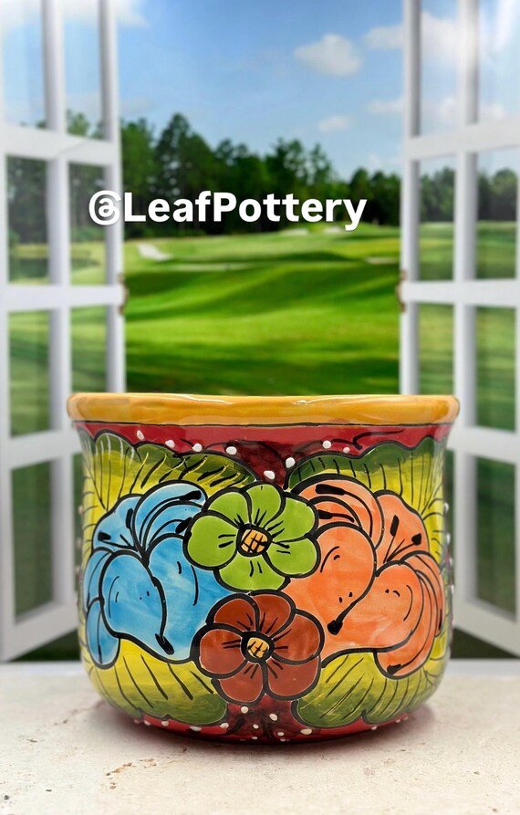 Handmade Mexican Talavera Planter With Drainage Hole - 9 Inch