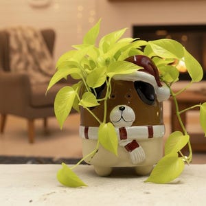May include: A ceramic dog-shaped planter with a Santa hat, scarf, and mittens, filled with bright green plants. The brown and cream-colored planter has a smiling dog face design. The plant has long, trailing vines.